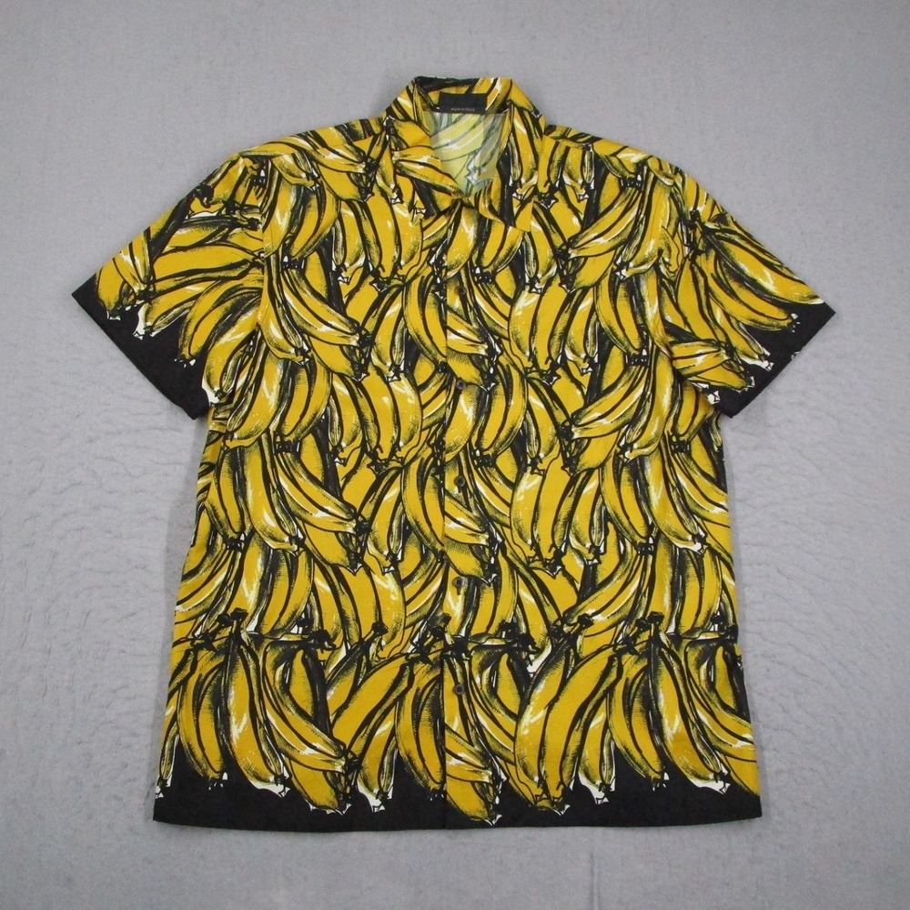 Prada Mens Banana Print Short Sleeve Button Up Shirt Yellow Black XL UCS159